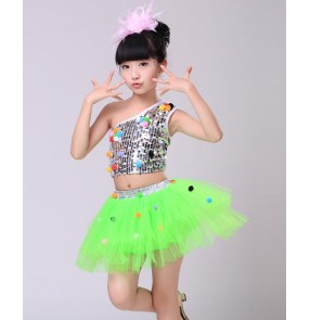 Sequined silver turquoise red fuchsia pink hot pink yellow white neon green girls kids child children modern dance jazz stage performance costume outfits dresses